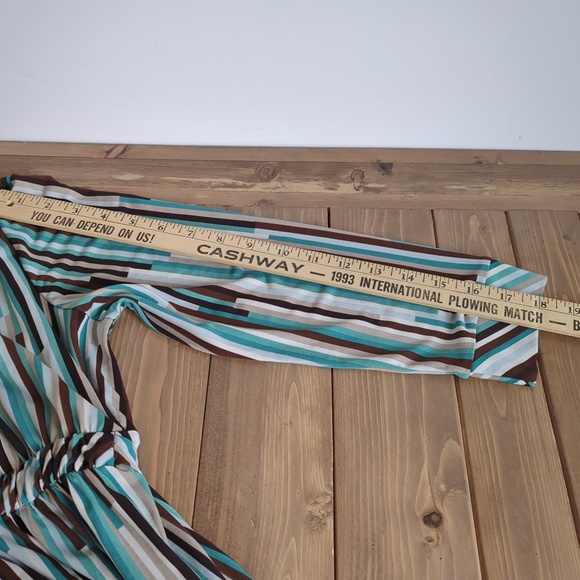 BCBGMaxAzria Retro Teal Blue Brown Striped Dress V Neck 3/4 Sleeves - Picture 11 of 13